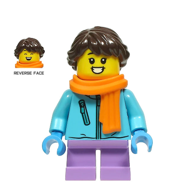 LEGO Minifigure - Girl, Winter Jacket, Dark Brown Hair, Orange Scarf (2020) [CITY]