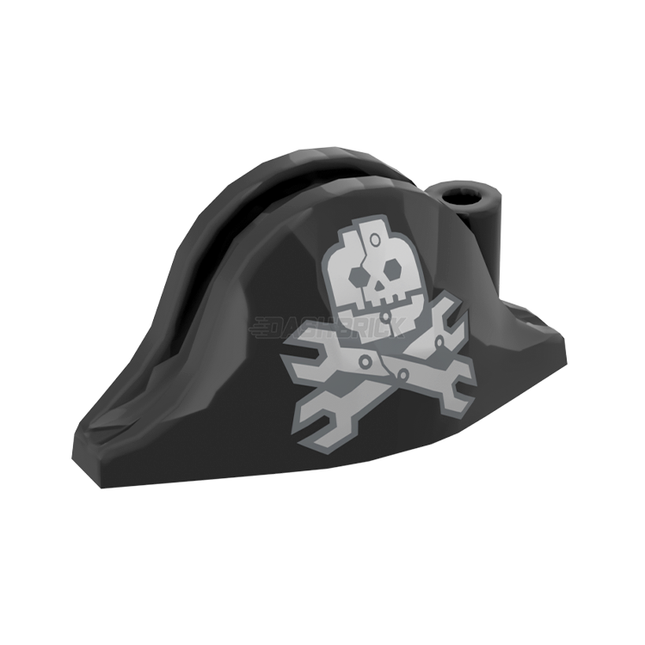 LEGO Minifigure Part - Hat, Pirate Bicorne, Silver Skull with Half Mask, Wrenches Crossbones, Black [2528pb13]