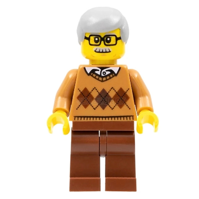 LEGO Minifigure - Male, Grandfather - Medium Nougat Argyle Sweater, Light Bluish Gray Hair (2016) [CITY]