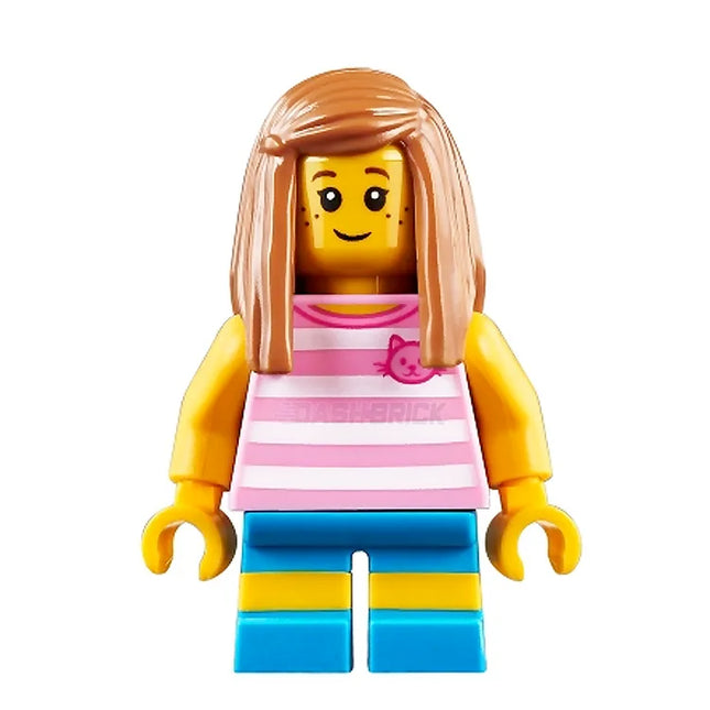 LEGO Minifigure - Child - Girl, Striped Shirt with Cat Head, Medium Nougat Long Hair, Freckles [CITY]