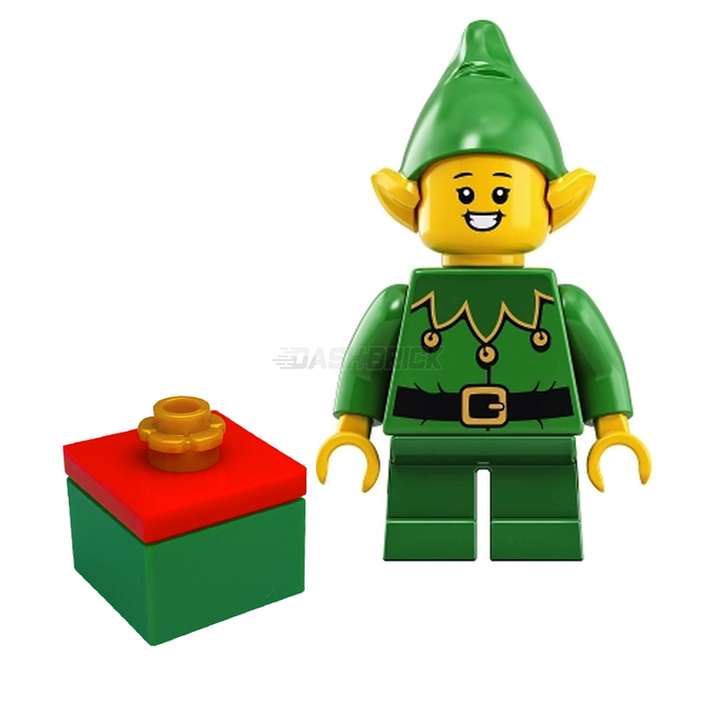 LEGO Minifigure - Elf - Green Scalloped Collar with Bells, Open Mouth Smile, Present [Christmas]