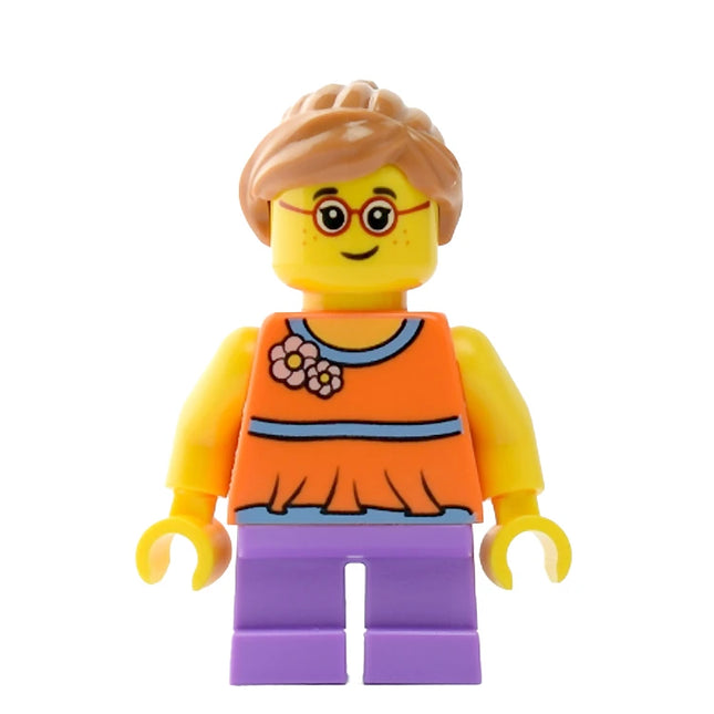 LEGO Minifigure - Child - Girl, Orange Top, Ponytail, Glasses, Freckles (2018) [CITY]