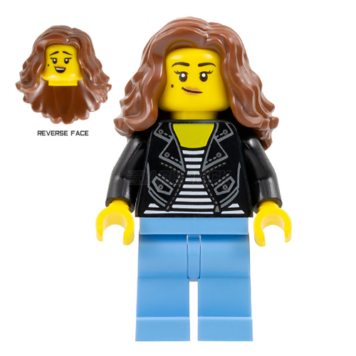 LEGO Minifigure - Woman - Black Jacket, Striped Shirt, Brown Long Hair [CITY]