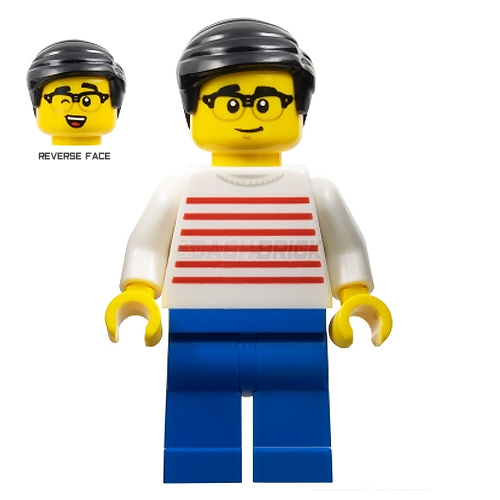 LEGO Minifigure - Man - White Sweater, Red Stripes, Black Hair, Glasses [CITY]