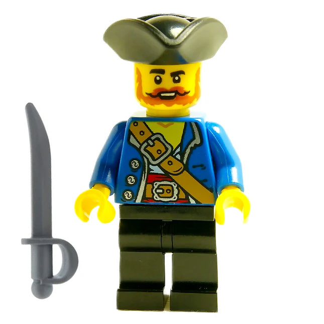 LEGO Minifigure - Pirate Captain - Male, Black Tricorne, Beard, Moustache, Blue Open Coat (2023) [PIRATES]
