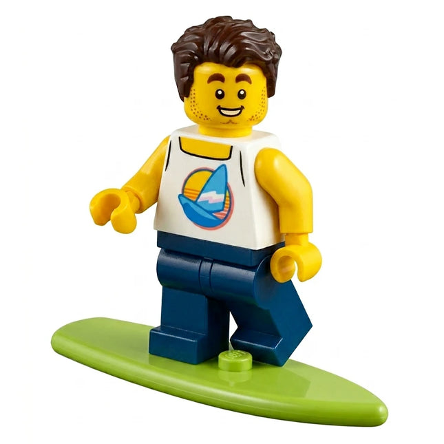 LEGO Minifigure - Male, "Finn" - Surfer, White Tank Top, Surfboard Dark Brown Hair (2021) [CITY]