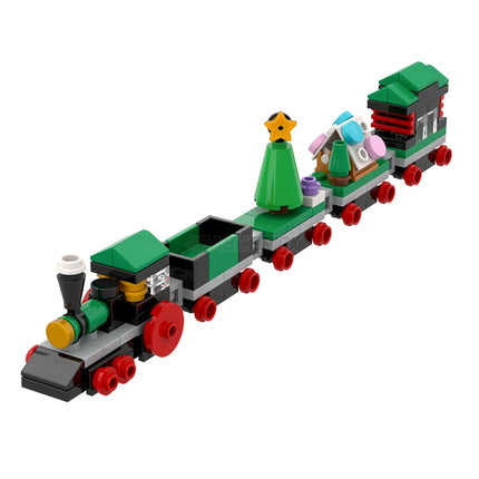 LEGO train set with Christmas-themed decorations on a white background