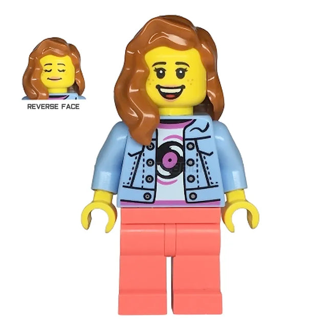LEGO Minifigure - Female, Denim Jacket, Coral Legs, Long Hair, Freckles (2023) [CITY]