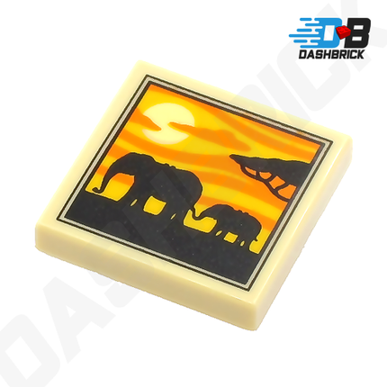 LEGO Minifigure Accessory - Africa Savannah Painting, 2 Elephants, Tree, Sunset (2 x 2 Tile) [3068bpb1644]